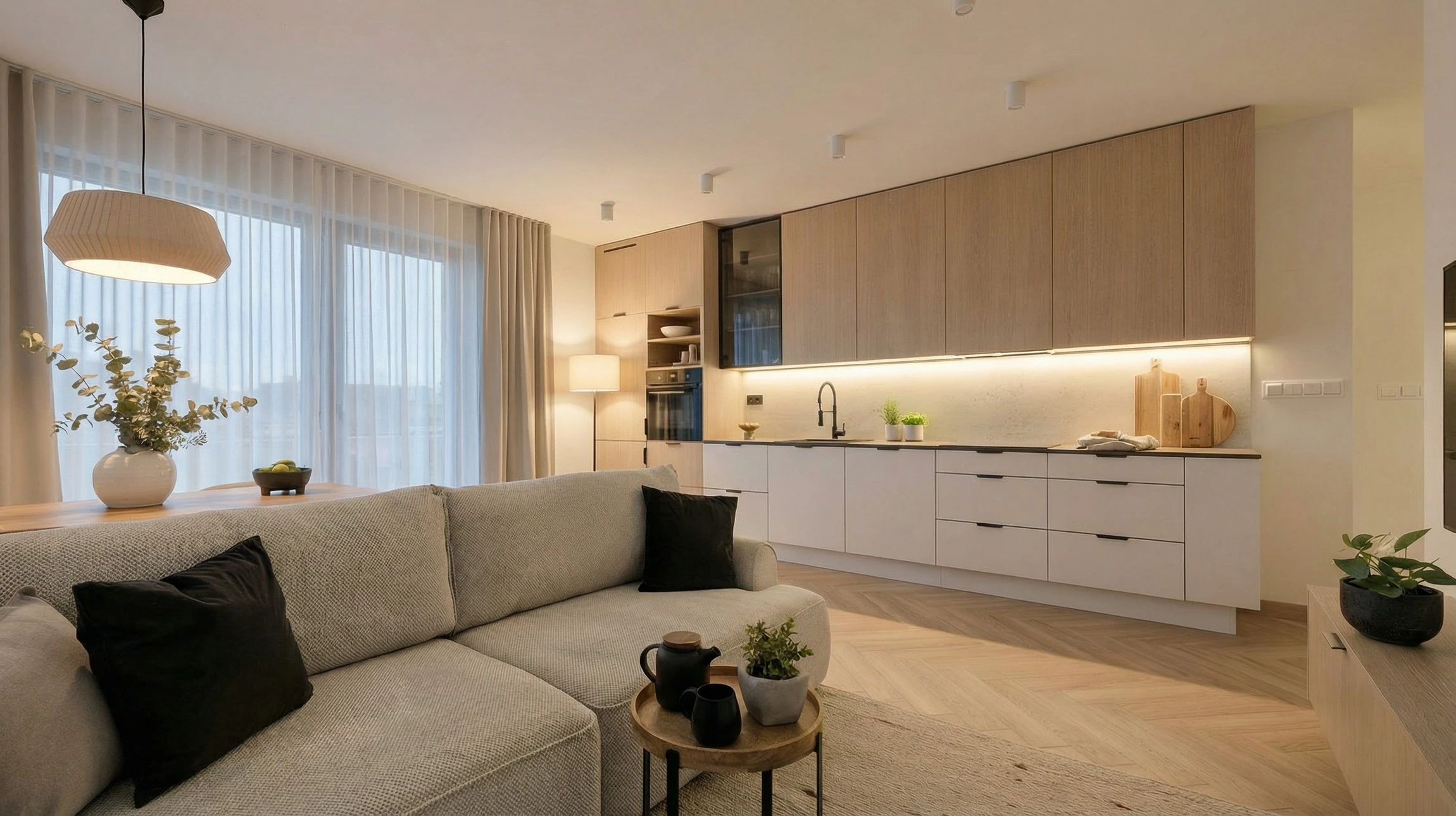 Personne tenant une tablette tactile affichant une visite virtuelle d'appartement moderne avec cuisine équipée, chambre et salon